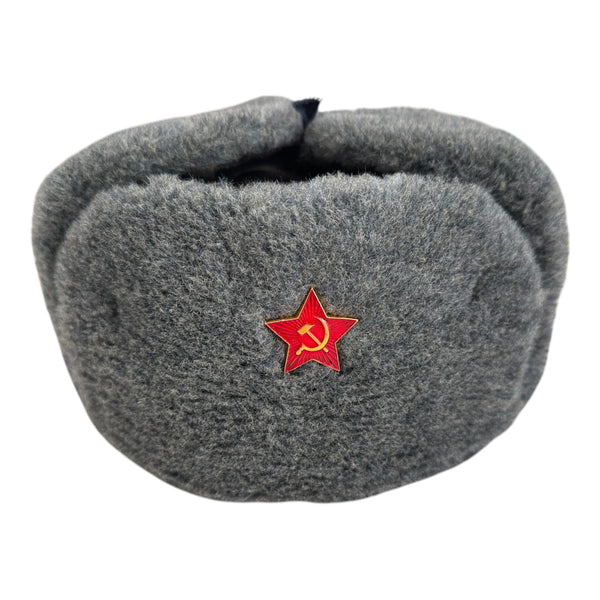 Soviet-Style Ushanka Trapper Hat – Grey Faux Fur Red Army Star Badge