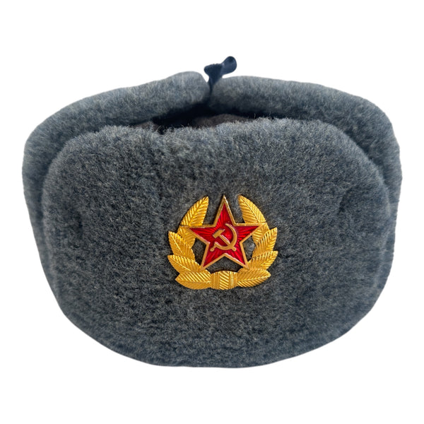 Soviet-Style Ushanka Hat – Grey Faux Fur Trapper USSR Army Badge
