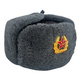 Soviet-Style Ushanka Hat – Grey Faux Fur Trapper USSR Army Badge