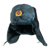 Soviet Russian Army Style Blue Grey Ushanka Winter Hat Soldier Badge