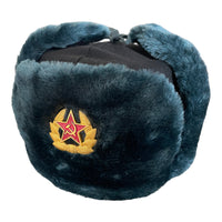 Soviet Russian Army Style Blue Grey Ushanka Winter Hat Soldier Badge