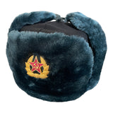 Soviet Russian Army Style Blue Grey Ushanka Winter Hat Soldier Badge