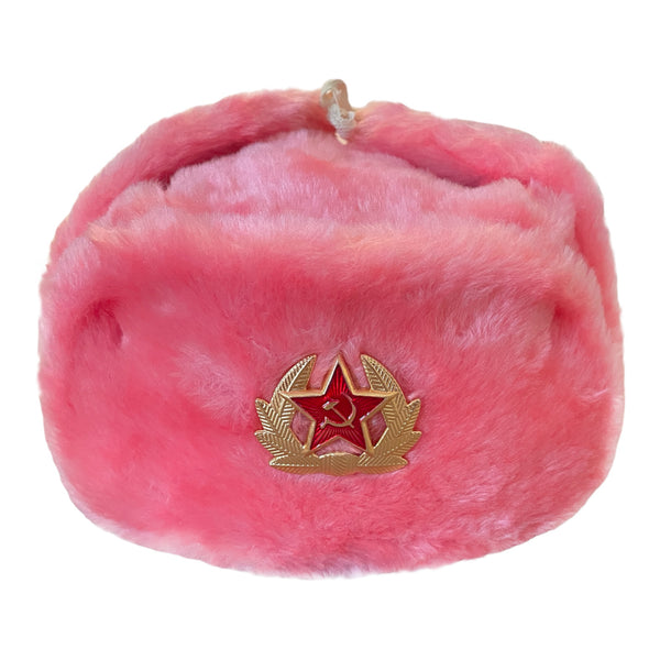 Authentic Russian Pink Ushanka Winter Hat Soviet USSR Army Pin Badge