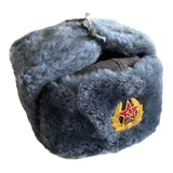 Soviet Ushanka Military Uniform Russian Army Faux Fur Winter USSR Hat Badge