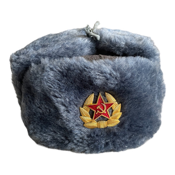 Soviet Ushanka Military Uniform Russian Army Faux Fur Winter USSR Hat Badge