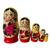 Wooden Russian Nesting Matryoshka 5 Dolls Set Hand Painted Yellow Top