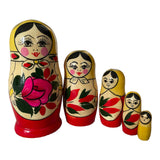 Wooden Russian Nesting Matryoshka 5 Dolls Set Hand Painted Yellow Top