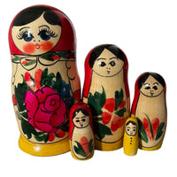 Wooden Russian Nesting Matryoshka 5 Dolls Set Hand Painted Red Top