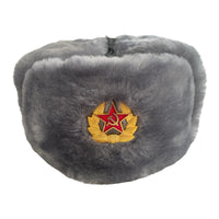 Grey Ash Faux Fur Russian Style Ushanka Winter Hat Soviet Soldier Badge