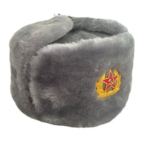 Grey Ash Faux Fur Russian Style Ushanka Winter Hat Soviet Soldier Badge