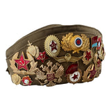 Military Style Original Pilotka Cap with Soviet Era Pin Collection Vintage Souvenir