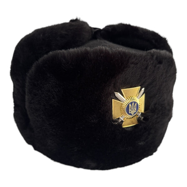 Black Faux Fur Winter Ushanka Hat Military Style Original Ukraine Army Badge