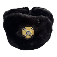 Black Faux Fur Winter Ushanka Hat Military Style Original Ukraine Army Badge
