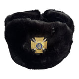 Black Faux Fur Winter Ushanka Hat Military Style Original Ukraine Army Badge