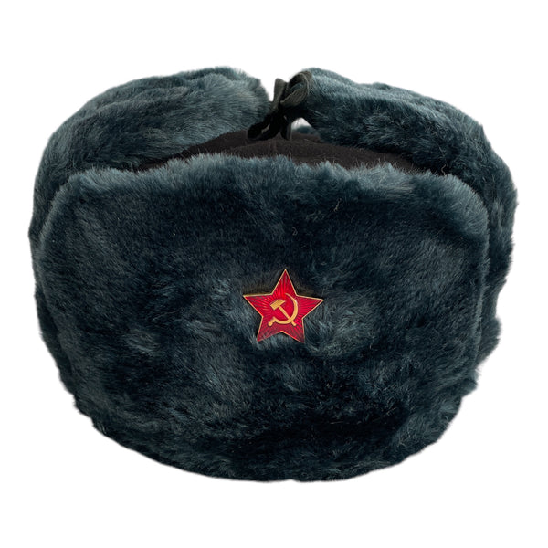 Soviet Russian Army Style Blue Grey Ushanka Winter Hat Red Star Badge