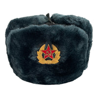 Soviet Russian Army Style Blue Grey Ushanka Winter Hat Soldier Badge