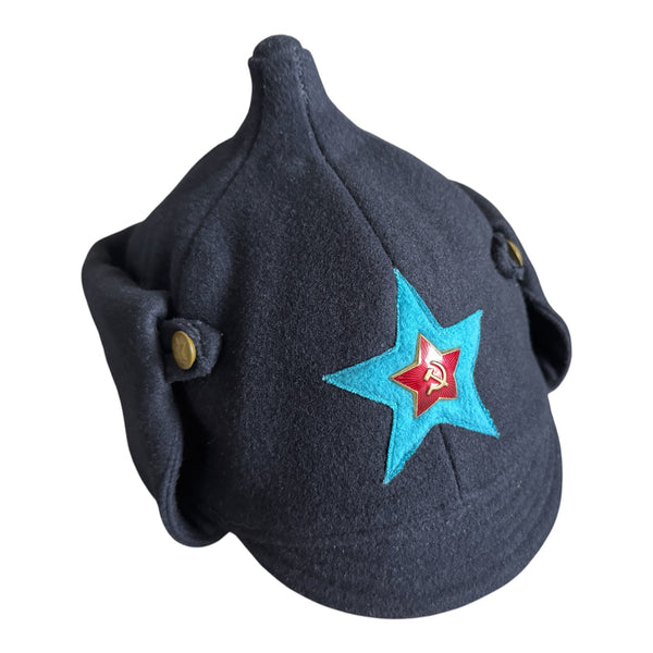 Handmade Soviet Budenovka Cavalry Hat Dark Blue Wool with Brass Red Star Badge