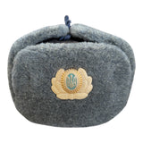 Soviet-Style Ushanka Trapper Hat – Grey Faux Fur Vintage Ukrainian Badge