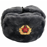 Authentic Russian Military Grey Ushanka Hat Soviet Soldier Red Army Badge